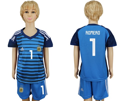 Argentina #1 Romero Blue Goalkeeper Kid Soccer Country Jersey - Click Image to Close